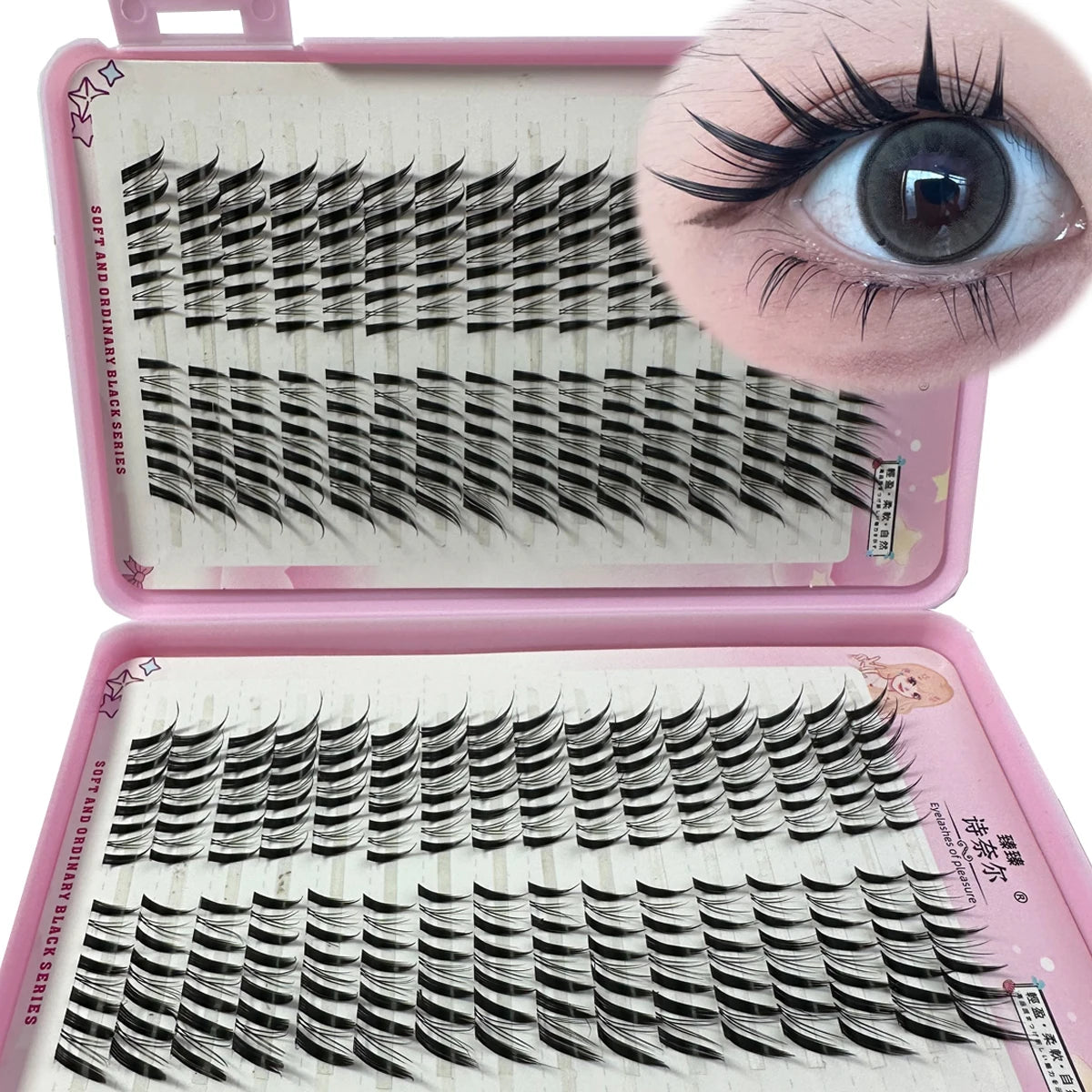 Pestañas postizas Manga de ojo de zorro de 32 filas, gran capacidad, cónicas, gruesas, segmentadas, extensiones de pestañas individuales, agrandar los ojos