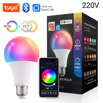 Tuya E27 bombillas Led Bluetooth bombilla inteligente 9W luz que cambia de Color lámpara Led RGB regulable 220V 110V Control por aplicación Smart Life A60