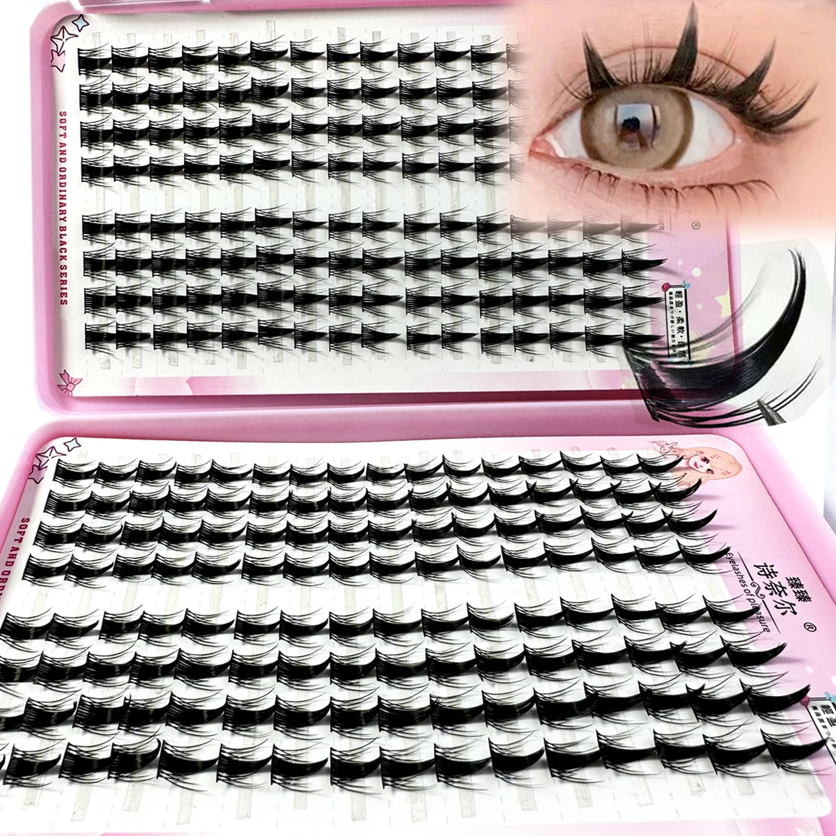 Pestañas postizas Manga de ojo de zorro de 32 filas, gran capacidad, cónicas, gruesas, segmentadas, extensiones de pestañas individuales, agrandar los ojos