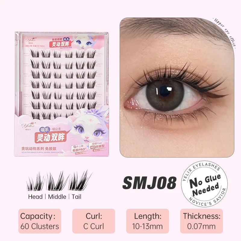 Yelix DIY grupos de pestañas autoadhesivas sin pegamento pestañas postizas pestañas suaves naturales etiqueta privada personalizada logotipo personalizado