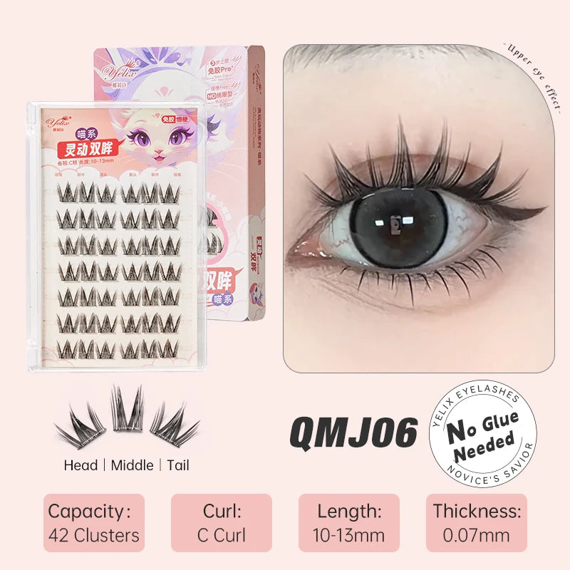 Yelix DIY grupos de pestañas autoadhesivas sin pegamento pestañas postizas pestañas suaves naturales etiqueta privada personalizada logotipo personalizado