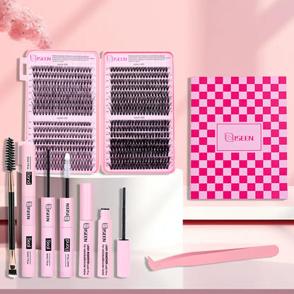 ISEEN-Juego de pestañas postizas segmentadas DIY, libro de pestañas en racimo de gran capacidad con pegamento, elimina la pegamento, Twezeer, cepillo, regalo de Festival