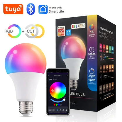 Tuya E27 bombillas Led Bluetooth bombilla inteligente 9W luz que cambia de Color lámpara Led RGB regulable 220V 110V Control por aplicación Smart Life A60