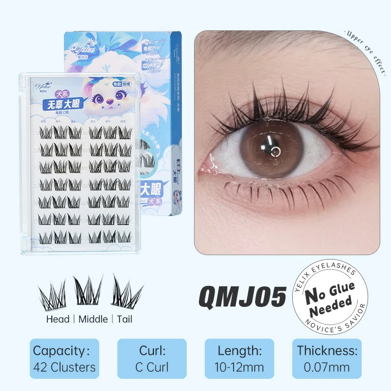 Yelix DIY grupos de pestañas autoadhesivas sin pegamento pestañas postizas pestañas suaves naturales etiqueta privada personalizada logotipo personalizado