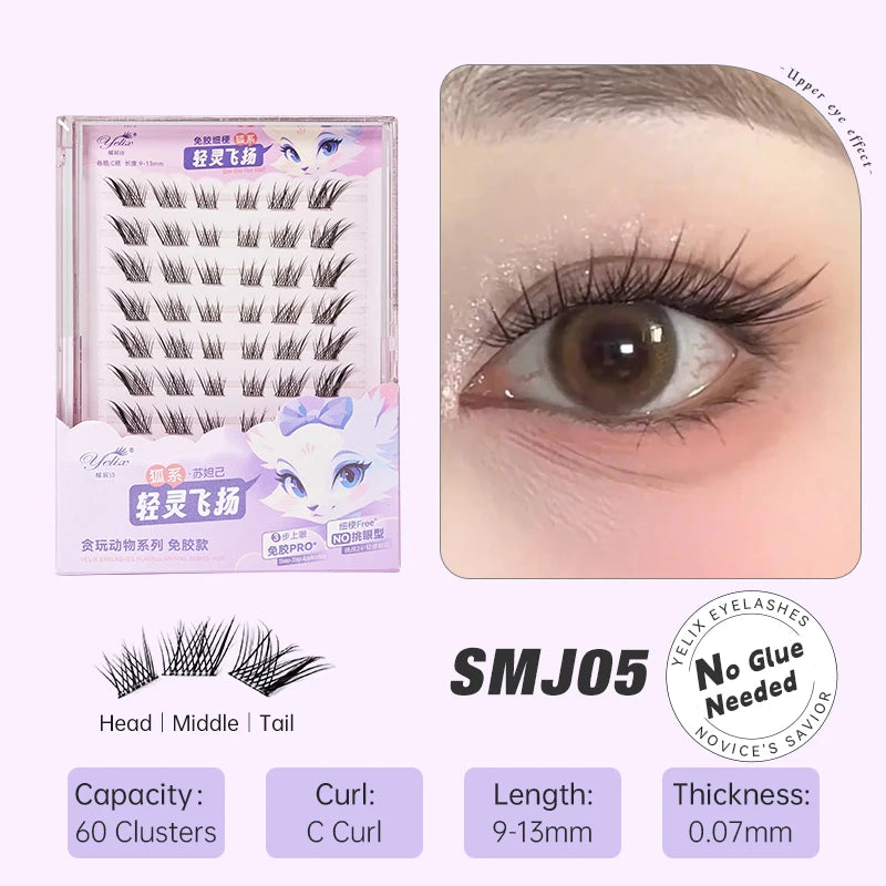 Yelix DIY grupos de pestañas autoadhesivas sin pegamento pestañas postizas pestañas suaves naturales etiqueta privada personalizada logotipo personalizado