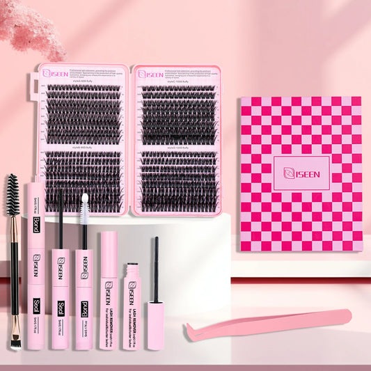 ISEEN-Juego de pestañas postizas segmentadas DIY, libro de pestañas en racimo de gran capacidad con pegamento, elimina la pegamento, Twezeer, cepillo, regalo de Festival