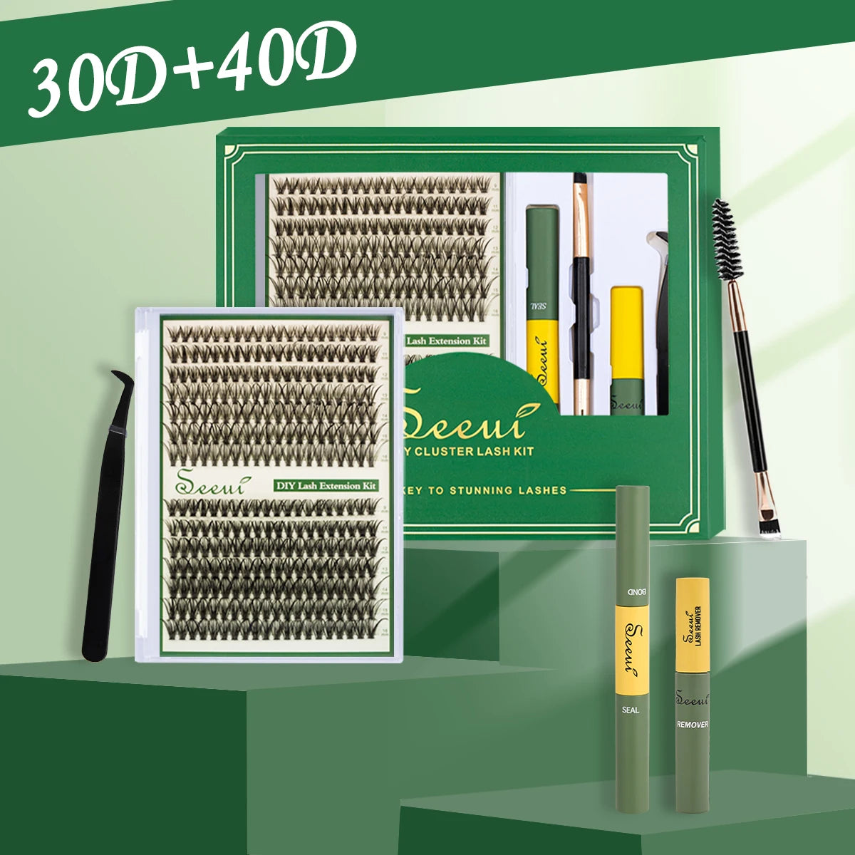 ISEEN-Juego de pestañas postizas segmentadas DIY, libro de pestañas en racimo de gran capacidad con pegamento, elimina la pegamento, Twezeer, cepillo, regalo de Festival