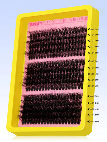 GROINNEYA Kit de pestañas en racimo, pestañas individuales esponjosas, bandeja mixta de volumen, pestañas postizas de visón, maquillaje de extensión de pestañas