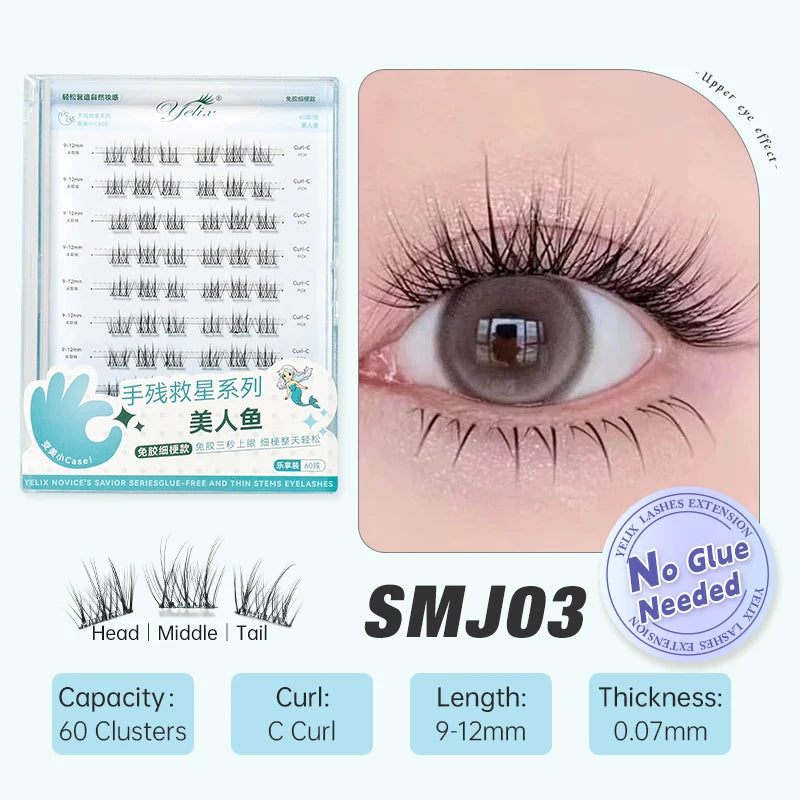 Yelix DIY grupos de pestañas autoadhesivas sin pegamento pestañas postizas pestañas suaves naturales etiqueta privada personalizada logotipo personalizado