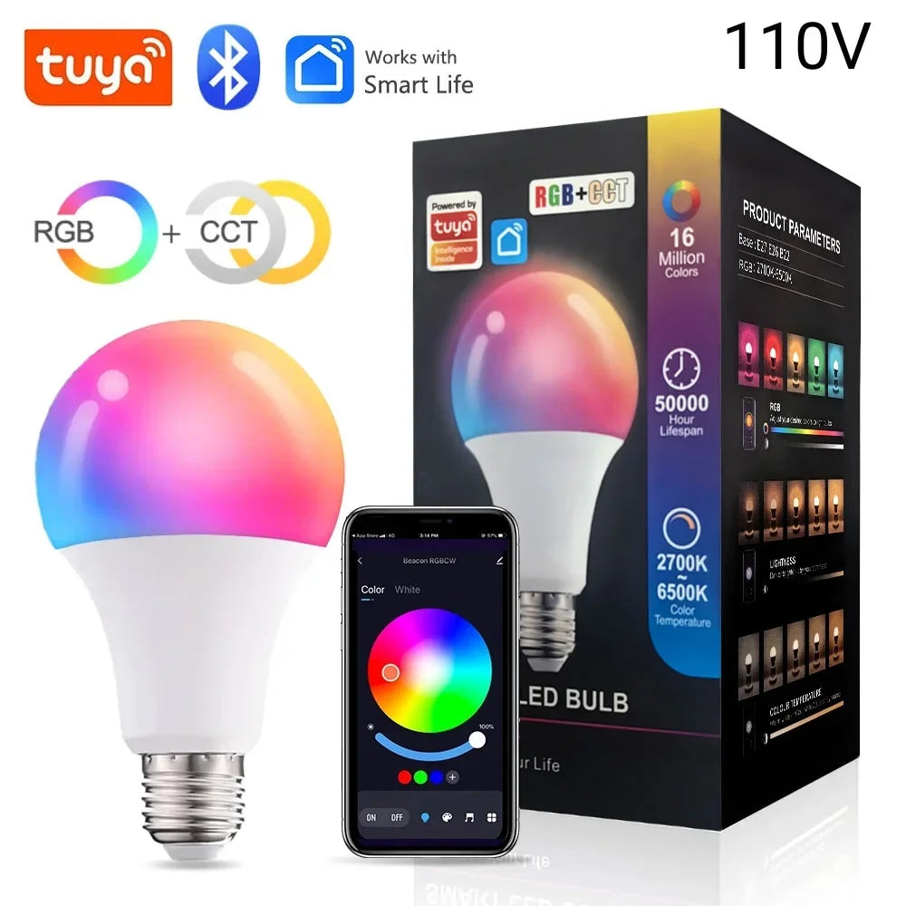 Tuya E27 bombillas Led Bluetooth bombilla inteligente 9W luz que cambia de Color lámpara Led RGB regulable 220V 110V Control por aplicación Smart Life A60
